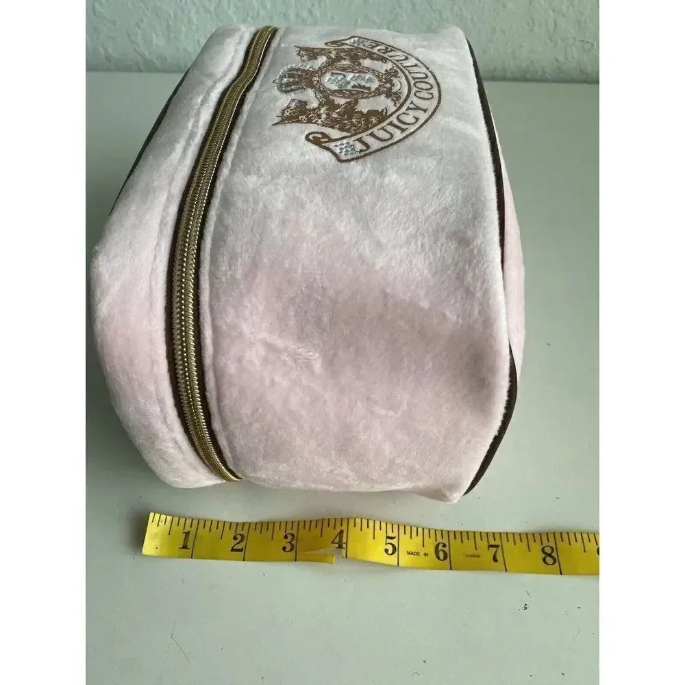 JUICY COUTURE Makeup Bag Travel Cosmetic Train Case Pink‎ Velour Scottie Crown